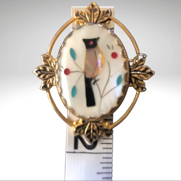 Vintage Inlaid Brooch with Cardinal Costume Jewelry - Picture 8 of 10